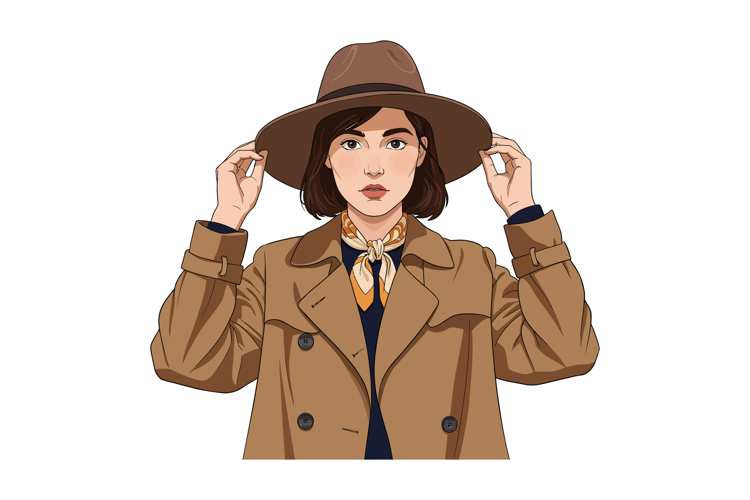 Young fashionable woman in brown trench coat and hat adjusti