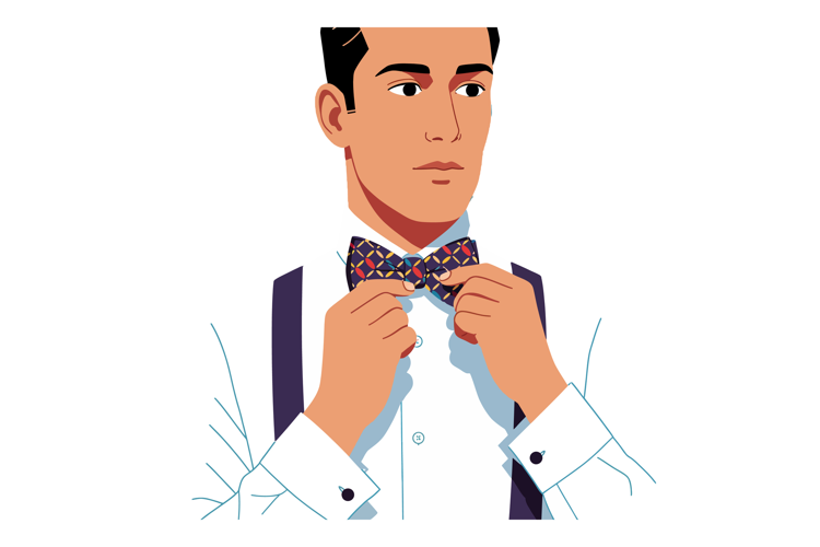 Man adjusting patterned bow tie in white shirt with suspende