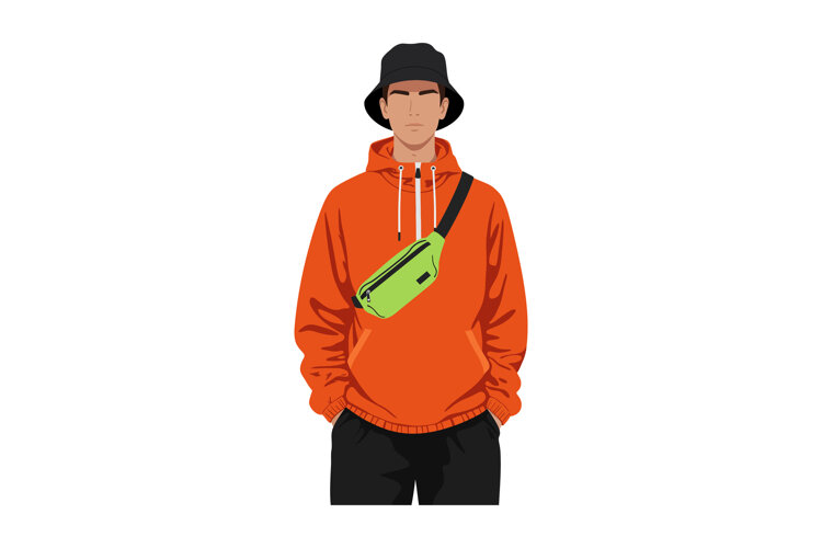 Young man wearing orange hoodie black bucket hat and green c example image 1