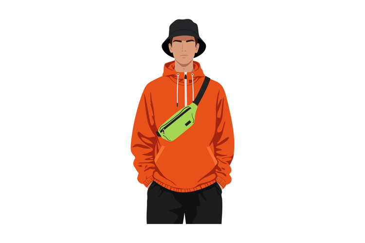 Young man wearing orange hoodie black bucket hat and green c