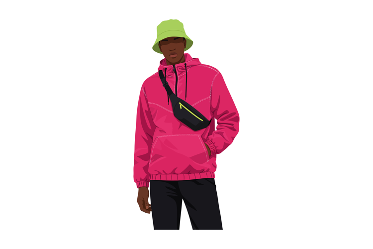 Young man wearing bright pink hoodie and green bucket hat ca