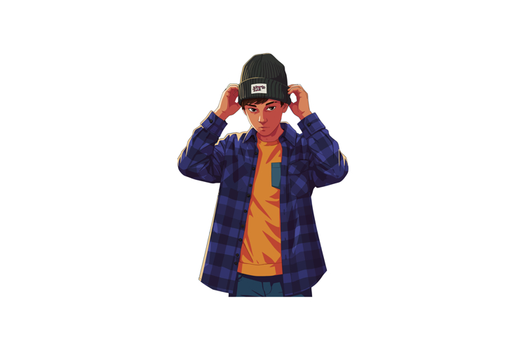 Young man adjusting black beanie wearing blue checkered shir