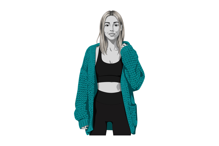 Young woman wearing teal knitted cardigan and black sportswe