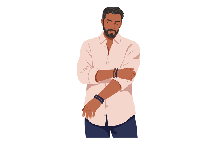 Man wearing pink shirt and blue bracelets adjusting sleeve v