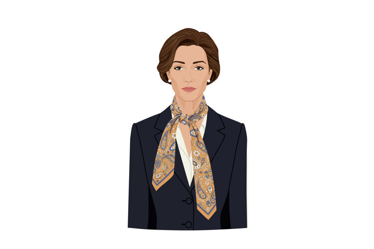 Professional businesswoman wearing navy blazer and patterned example image 1