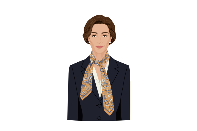 Professional businesswoman wearing navy blazer and patterned
