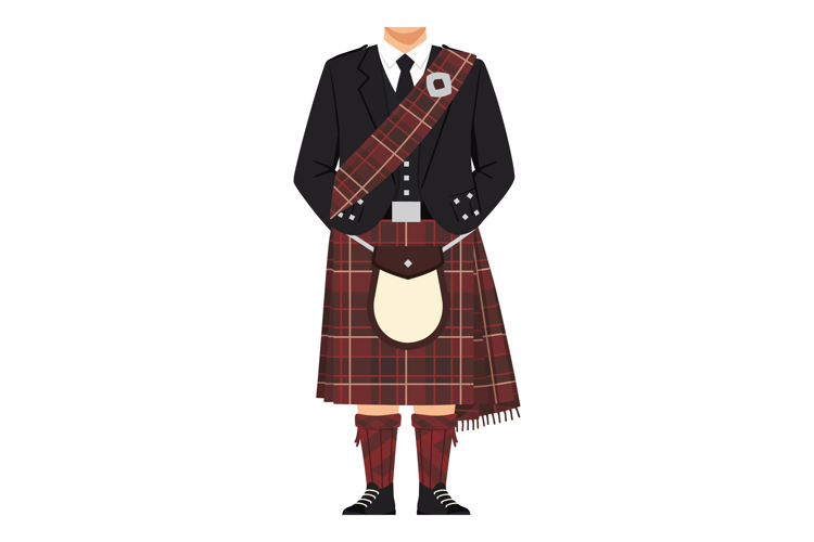 Scottish man wearing traditional tartan kilt and formal jack