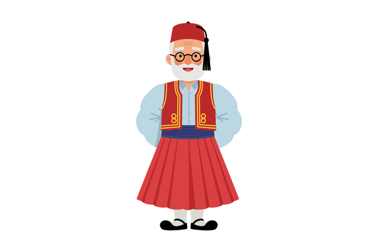 Traditional man wearing red skirt and fez hat in cultural co