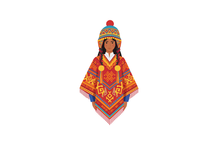 Indigenous woman wearing traditional red and orange Andean p