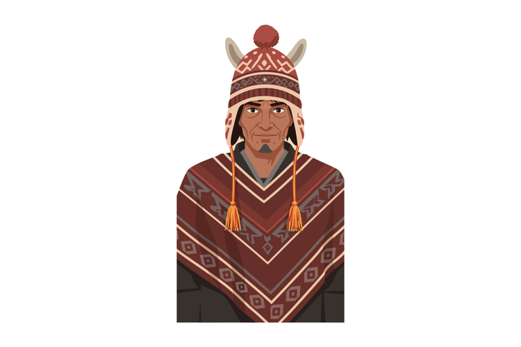 Native Andean Man Wearing Traditional Poncho and Chullo Hat