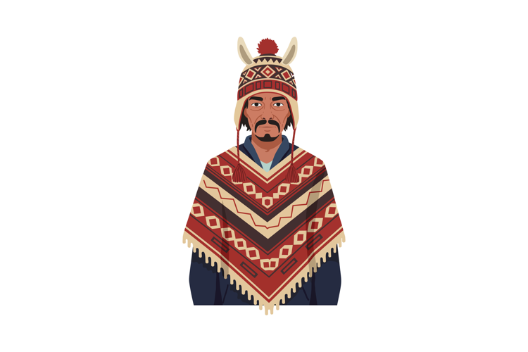 Man wearing traditional Andean poncho and chullo hat with ge