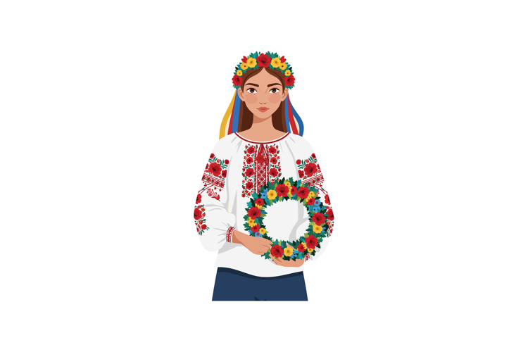 Young woman in traditional embroidered blouse holding floral