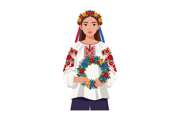Young woman in traditional embroidered blouse with floral wr
