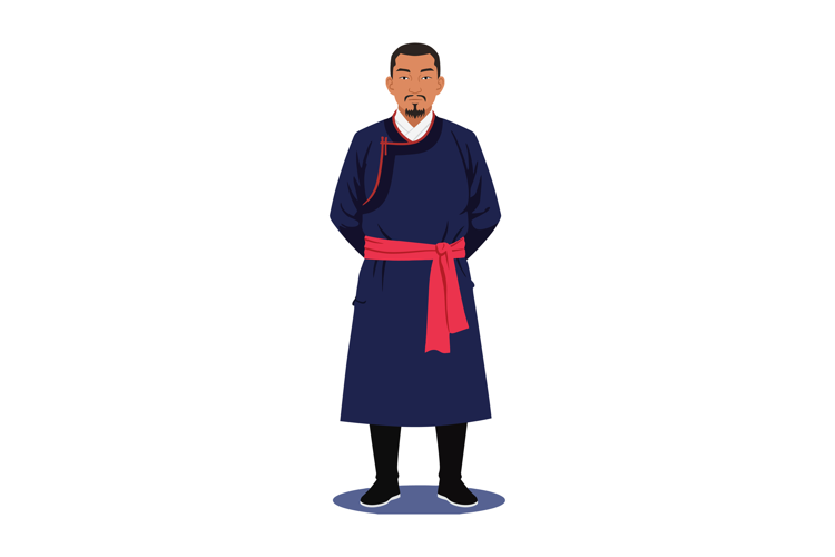 Man Wearing Traditional Dark Blue Robe with Red Sash Standin
