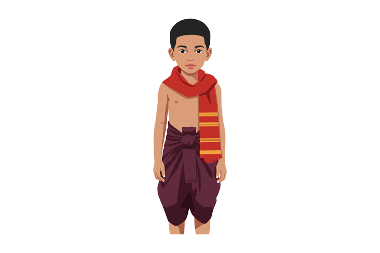 Young boy in traditional Southeast Asian attire with red sca