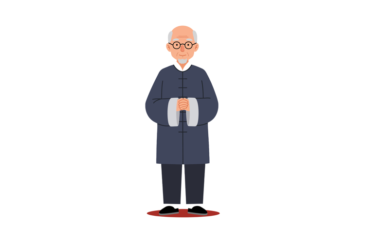 Elderly Asian Man Wearing Traditional Dark Blue Chinese Coat