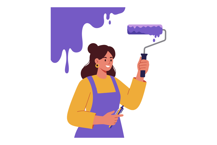 Woman painting wall with purple paint roller in creative hom
