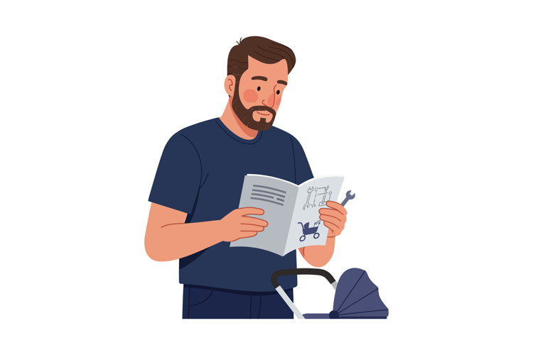 Man assembling baby stroller with instruction manual and wre