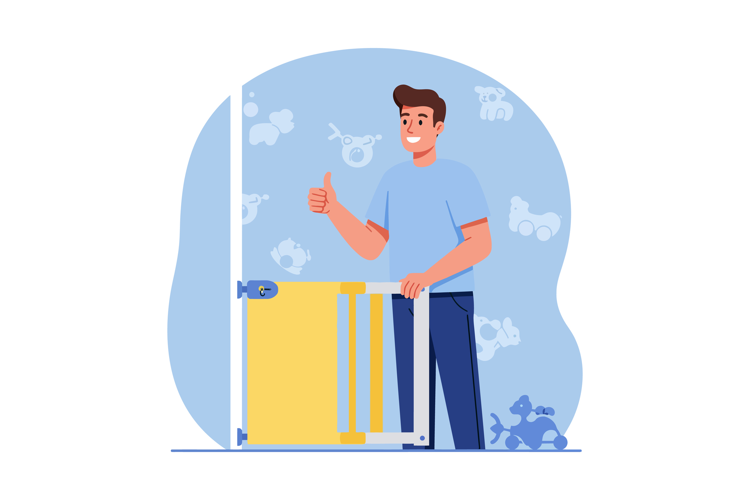 Man standing next to baby safety gate showing thumbs up gest