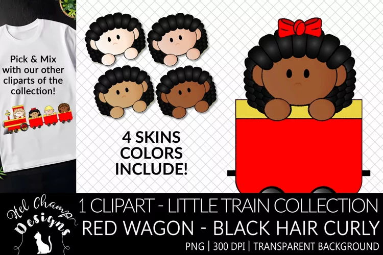 Black Hair Curly with Ribbon Kid Red Wagon | Clipart |