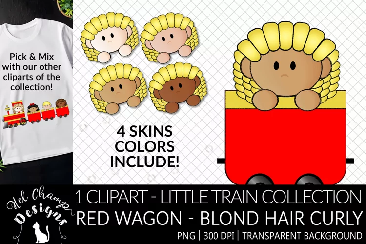 Blond Hair Curly Kid Red Wagon | Little Train | Clipart