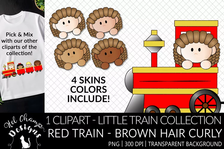Medium Brown Hair Curly Kid Red Engine | LittleTrain Clipart