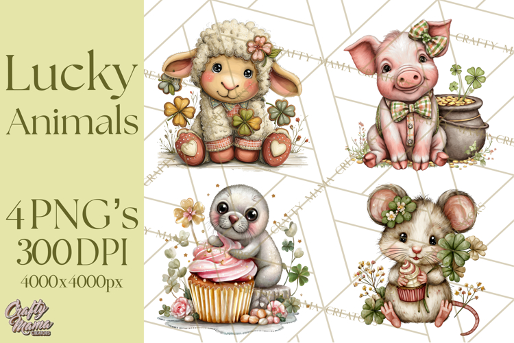 Lucky Animals Clipart PNG, Shamrock Pets Printable