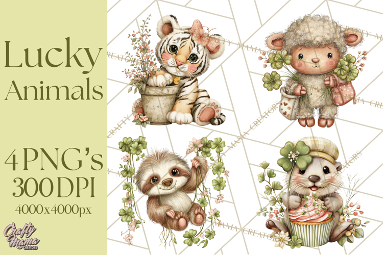 Lucky Animals Clipart PNG, Shamrock Pets Printable