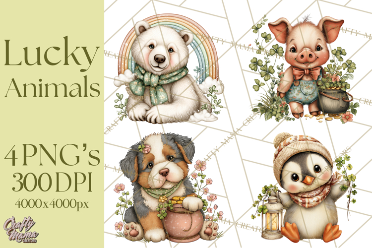 Lucky Animals Clipart PNG, Shamrock Pets Printable