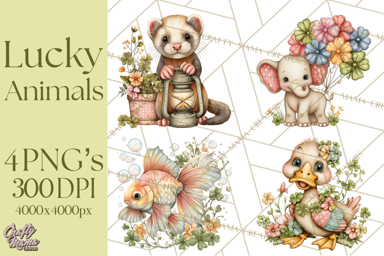 Lucky Animals Clipart PNG, Shamrock Pets Printable