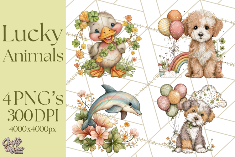 Lucky Animals Clipart PNG, Shamrock Pets Printable