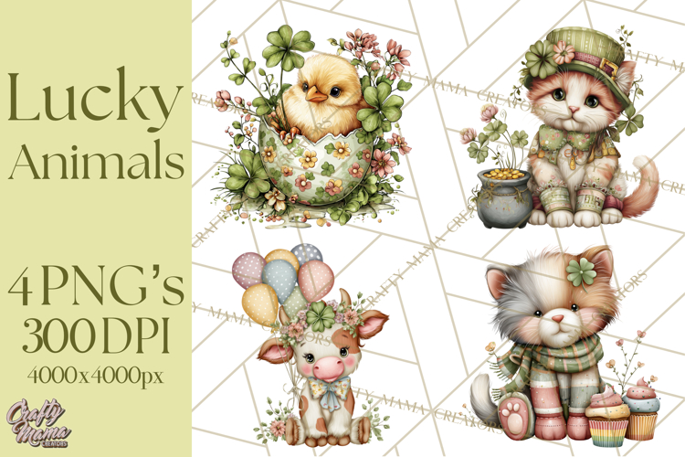Lucky Animals Clipart PNG, Shamrock Pets Printable