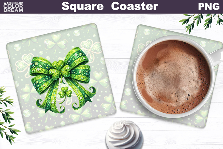 Green Bow Clover Square Coaster | St. Patricks Day Sublimat