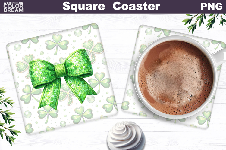 Green Bow Clover Square Coaster | St. Patricks Day Sublimat