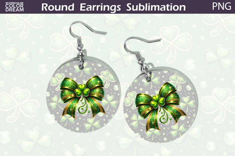 Green Glitter Bow Round Earrings Sublimation | St Patrick