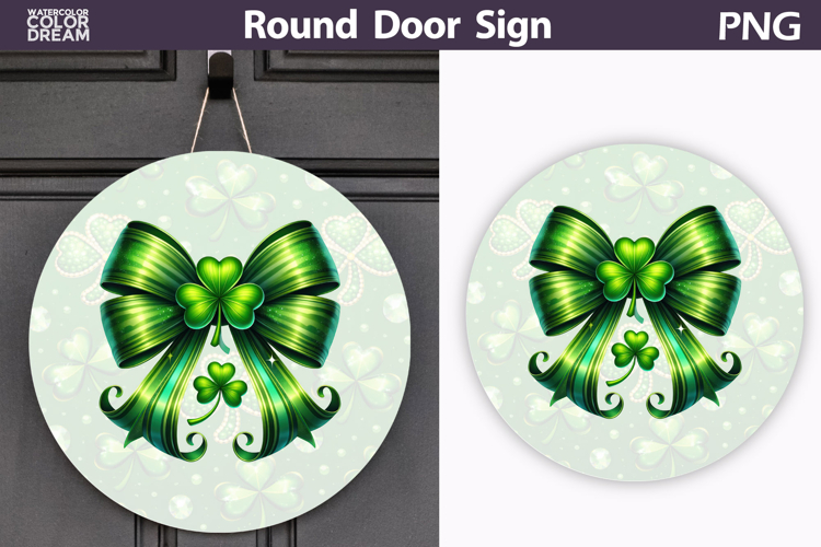 St. Patricks Day Round Door Sign | Green Bow Lucky Clover