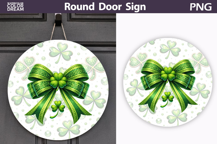 St. Patricks Day Round Door Sign | Green Bow Lucky Clover