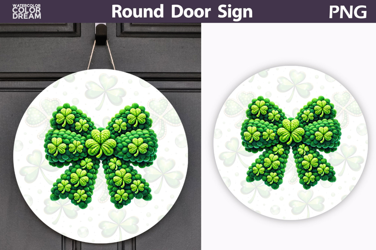 St. Patricks Day Round Door Sign | Green Bow Lucky Clover