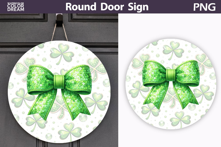 St. Patricks Day Round Door Sign | Green Bow Lucky Clover