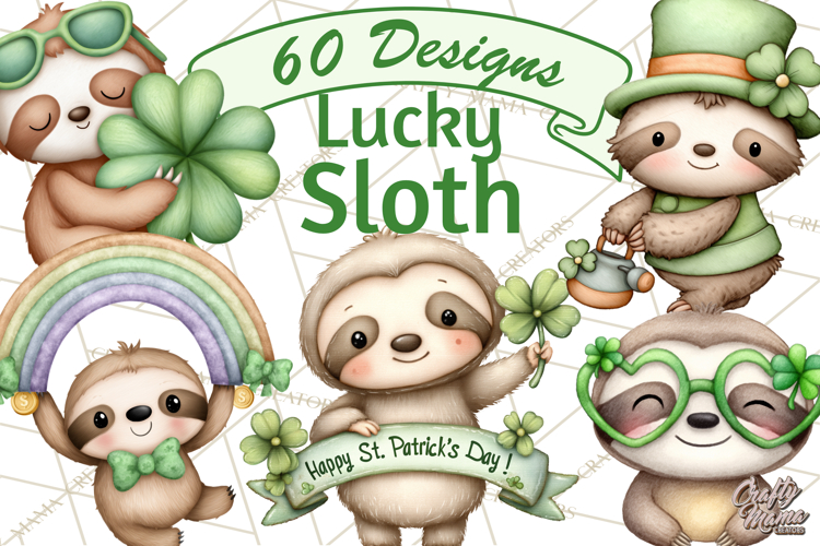 Cute St Patricks Day Sloth Clipart PNG Lucky Animal Graphic