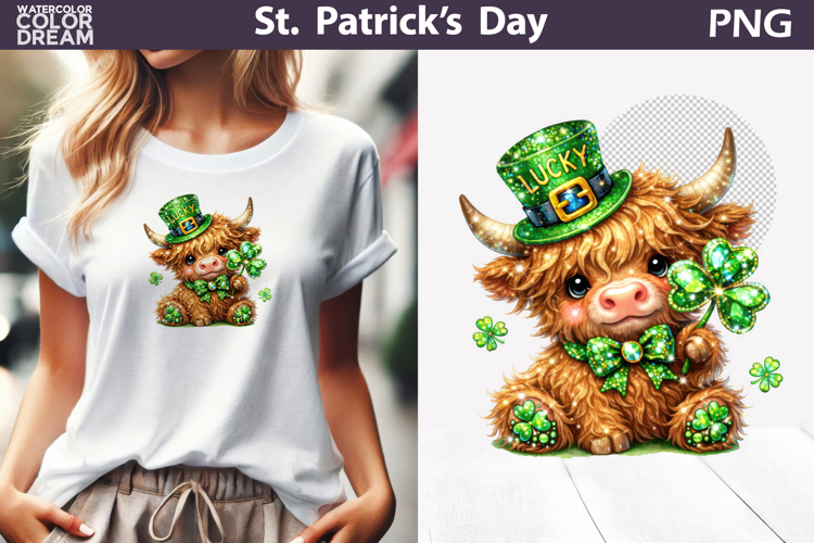 St. Patricks Day Clipart | Highland Cow Clover Sublimation