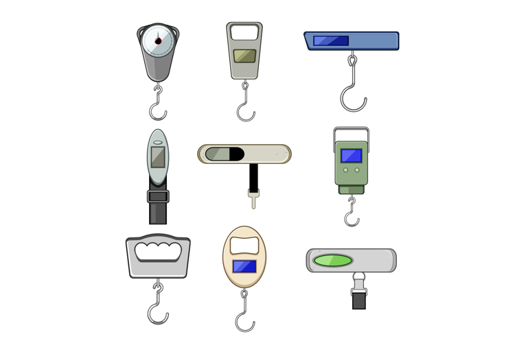 Hand luggage scales vector illustration set concept