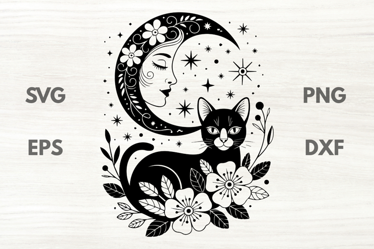 Black Cat with Moon Lady and Floral Bouquet SVG