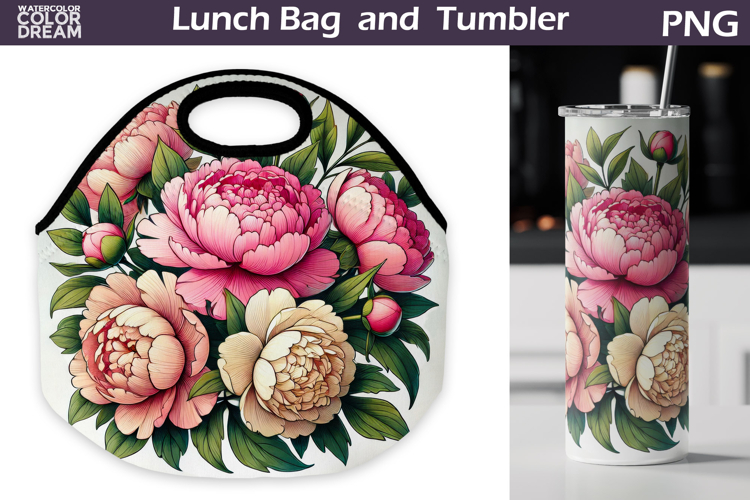 Peony Lunch Bag | Pink Flowers Tumbler Wrap example image 1