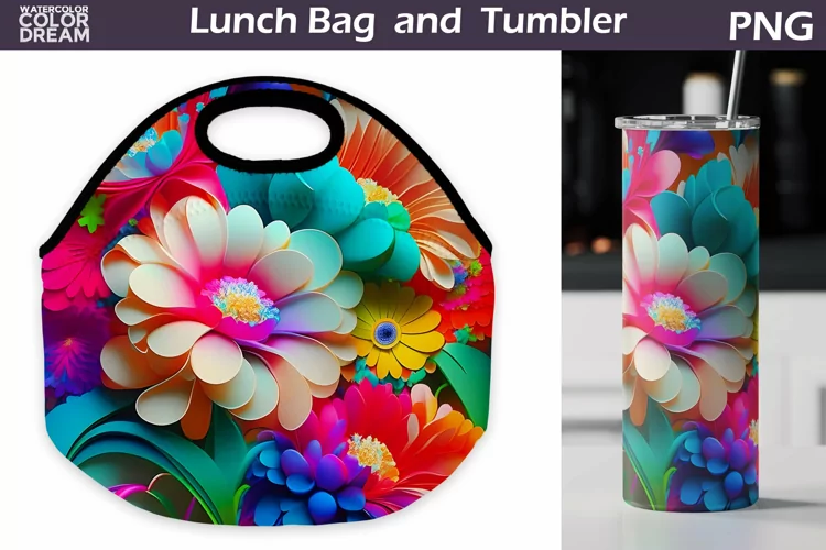3D Flowers Lunch Bag Sublimation | Floral Skinny Tumbler