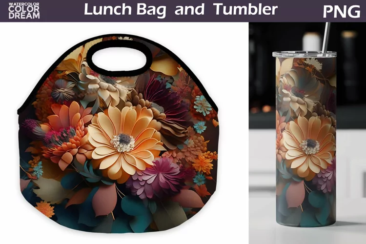 3D Flowers Lunch Bag Sublimation | Floral Skinny Tumbler