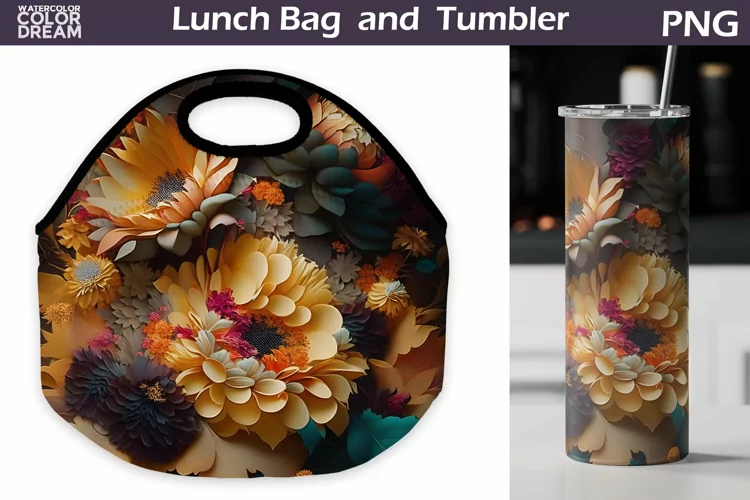 3D Flowers Lunch Bag Sublimation | Floral Skinny Tumbler
