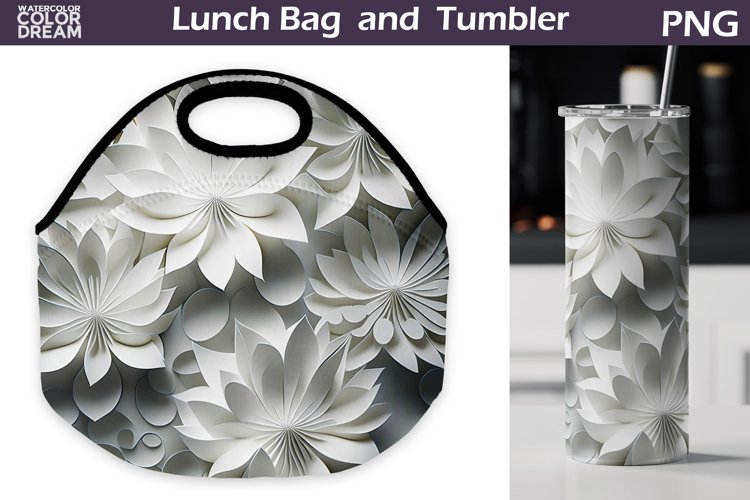 3D Flowers Lunch Bag Sublimation | White Floral Tumbler