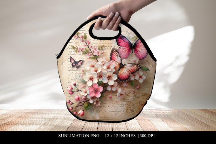 Vintage Floral Lunch Bag Sublimation Design, Butterfly Print example image 1