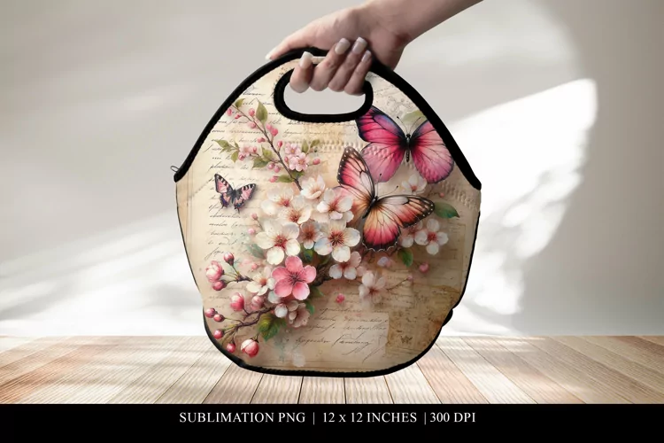 Vintage Floral Lunch Bag Sublimation Design, Butterfly Print